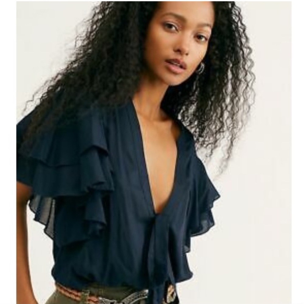 FREE PEOPLE | Call Me Later Ruffle Sleeve Tie Front Thong Bodysuit